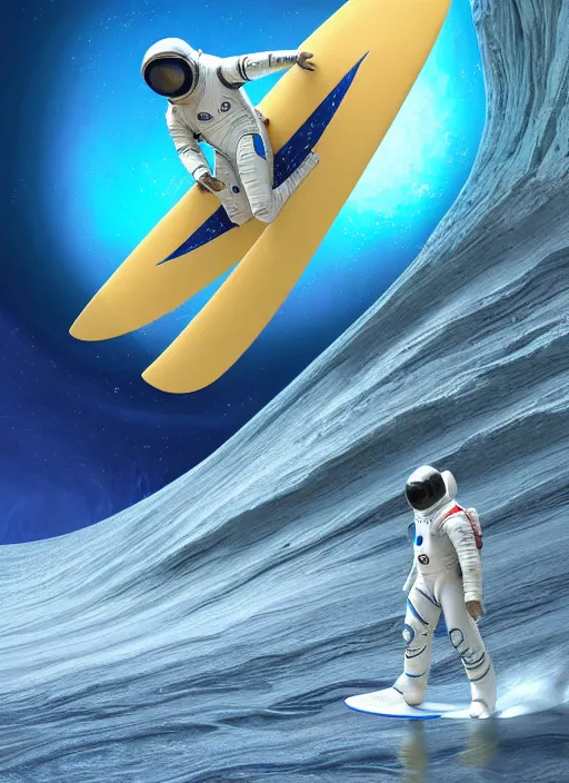 Image similar to an amazing digital painting of an astronaut in a white and royal blue luxurious space suit surfing an interstellar tsunami on a futuristic surfboard at Pamukkale, thermal waters flowing down multiversal gold travertine terraces by greg rutkowski, photorealistic, trending on artstation, highly detailed, unreal engine, octane render