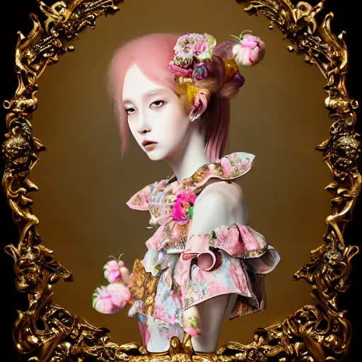 Image similar to 8 k, octane render, realism, tonalism, renaissance, rococo, baroque, portrait of a young - lady wearing long - harajuku manga - dress with flowers! and skulls, background chaotic gold leaf flowers, cotton candy!!!!!