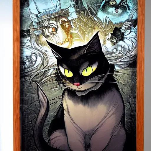 Image similar to vampire cat, inside a frame on a tiled wall, frontal picture, by yoichi hatakenaka, masamune shirow, josan gonzales and dan mumford