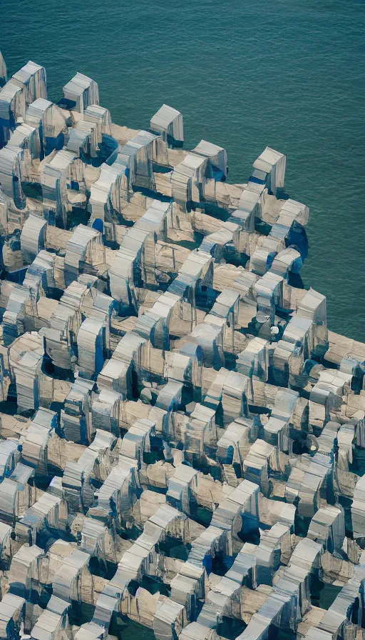 Prompt: color pentax photograph of massive, pristine, frank gehry storm surge barriers, from an aerial perspective. very beautiful!