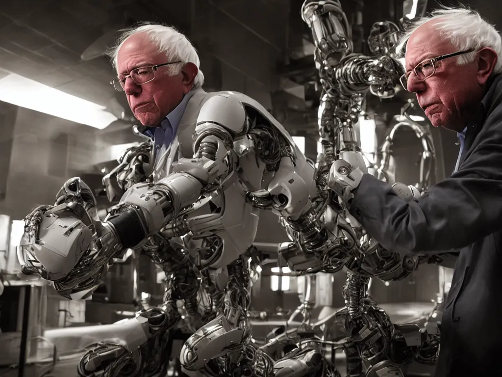 Prompt: bernie sanders putting the finishing touches on a scifi doomsday robot, cinematic moody lighting, led lighting, sharp focus, dirty smoky laboratory, imax