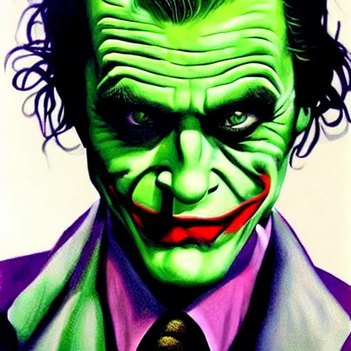 Image similar to peter o'toole as the joker, portrait, realistic, concept art, painting by alex ross