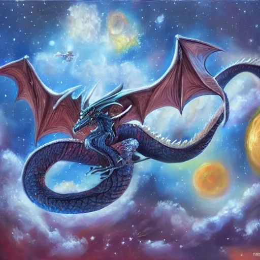 Image similar to dragon in the space, oil painting, trending on art station