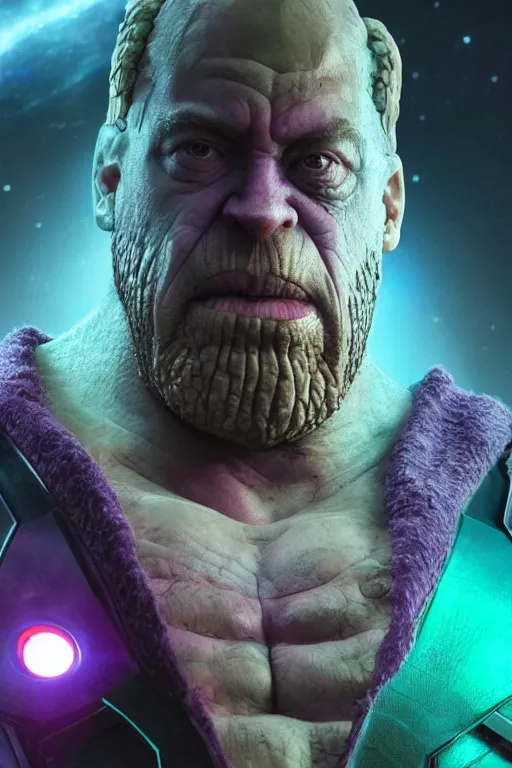 Prompt: A still of Sam Hyde as Thanos in Avengers Endgame, close-up, sigma male, rule of thirds, award winning photo, unreal engine, studio lighting, highly detailed features, interstellar space setting