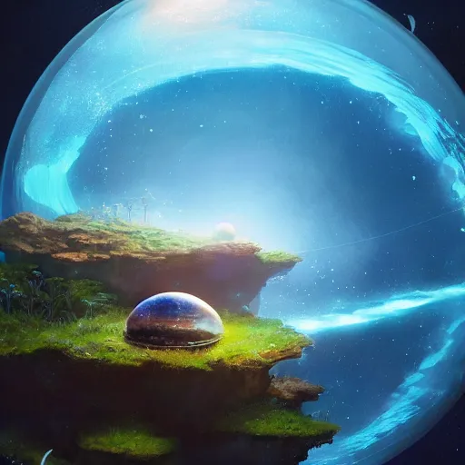 Image similar to a sphere aquarium in the size of a planet, floating in space. illustration, digital art, realistic, pixar style, by greg rutkowski and ash thorp, vivid colors, detailed, trending on artstation, high quality, cinematic