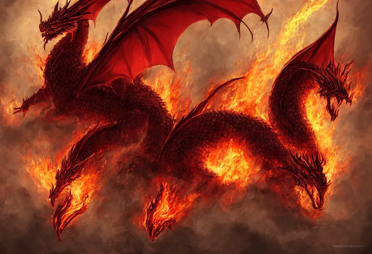 Prompt: A flaming red dragon, concept art, dungeon and dragons, lord of the rings, character portrait