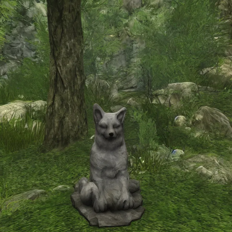 Prompt: a stone shiba inu statue in a lush forest, skyrim pc screenshot