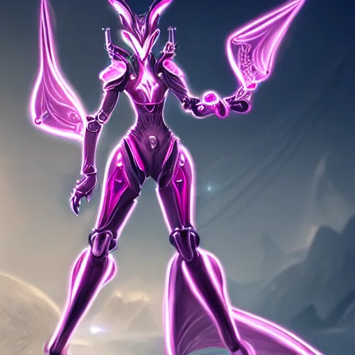 Image similar to highly detailed exquisite fanart, of a beautiful female warframe, but as a stunning anthropomorphic robot female dragon, standing elegantly with hand on hip, shining reflective off-white plated armor, slick elegant design, bright Fuchsia skin, sharp claws, full body shot, epic cinematic shot, realistic, professional digital art, high end digital art, DeviantArt, artstation, Furaffinity, 8k HD render, epic lighting, depth of field