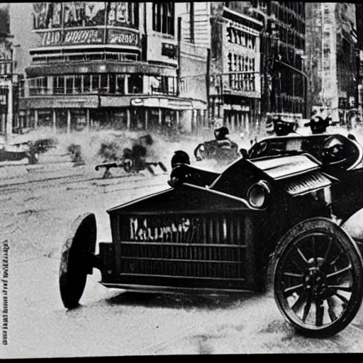 Image similar to old black and white photo, 1 9 1 3, depicting batman's batmobile from dark knight rampaging through the bustling streets of new york city, rule of thirds, three - point perspective, historical record