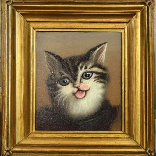 Image similar to an 1 8 th century highly detailed oil painting of a kitten wearing a chefs outfit