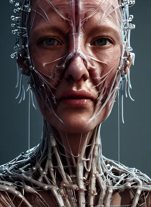 Prompt: 3 / 4 portrait, queen emma, crown, transparent skin, visible muscle and bones and veins and nerves, hyperrealism, detailed textures, photorealistic, 3 d cyberpunk apocalyptic city, futuristic clothing and helmet, ultra realistic, cinematic, intricate, cinematic light, unreal engine 8 k, octane render, unreal engine by david kostic and stanley lau and artgerm