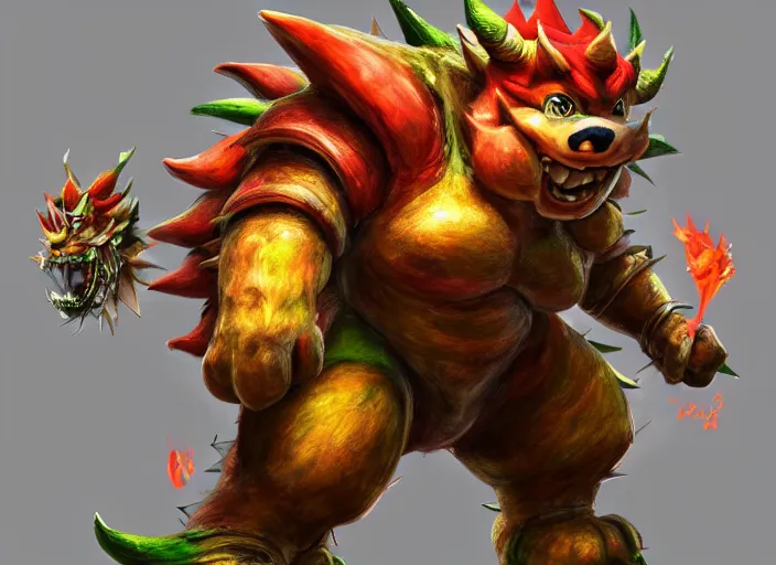 Image similar to detailed concept art of a huge giant bowser by cheng yi and luolin, aartstation, artstationhd, detailed scales, spiky and red hair tuft green scales. bowser, bowser nintendo, koopa, ~ bowser # bowser ( ( mario ) ) bcy. net, realistic. cheng yi, fire breathing. bowser