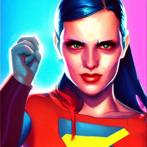 Prompt: Bright, colorful, realistic super hero dating sim single individual head shot cute female, backlighting, kodachrome, high contrast, highly detailed, sharp focus, digital painting, concept art, illustration, trending on artstation, comic book by Alex Ross cover art