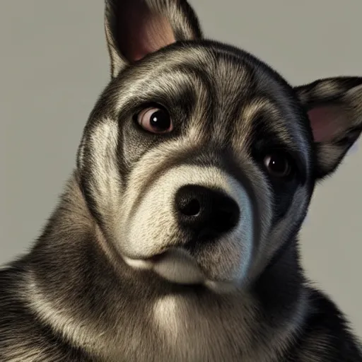 Image similar to crisp quality and light reflections, photorealistic portrait, studio lighting, still photo of a cute dog in the uncanny valley, bright studio setting, highly detailed, unreal engine 5 quality render