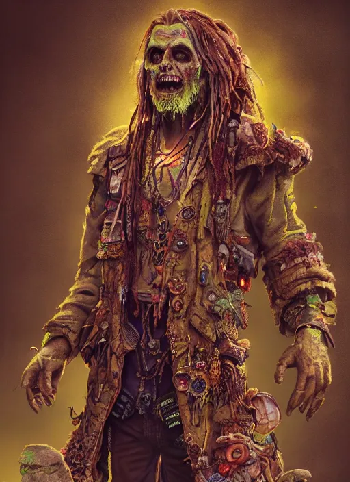 Image similar to detailed full body concept art, illustration matte painting, Rob Zombie pilot in full intricate colorful clothing, ultra detailed, digital art, octane render, 4K, dystopian, micro details