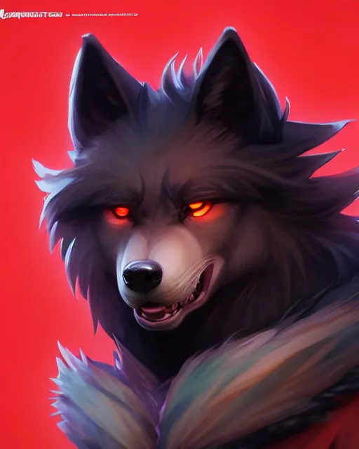 Image similar to character concept art of a black anthropomorphic male furry wolf long red hair | | cute - fine - face, pretty face, key visual, realistic shaded perfect face, fine details by stanley artgerm lau, wlop, rossdraws, james jean, andrei riabovitchev, marc simonetti, and sakimichan, trending on artstation