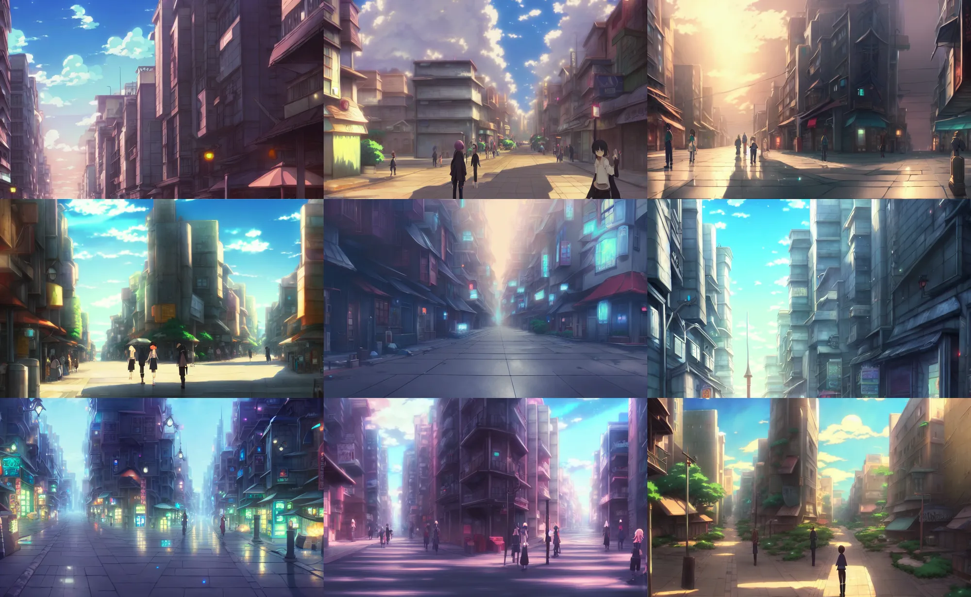 Prompt: an anime movie background matte painting of a city street | | fantasy, by makoto shinkai, trending on artstation, highly detailed