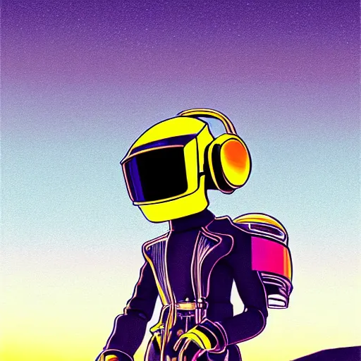 Image similar to a study of cell shaded cartoon of a daft punk in the style of howl's moving castle ( 2 0 0 4 ) on a desert road, full body, wide shot, very muted colors, post grunge, studio ghibli, laurie greasley, highly detailed, deviantart, art by artgem