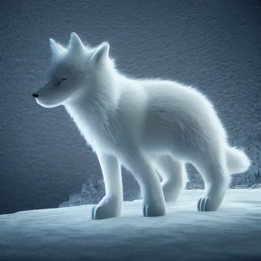 Prompt: A mythical polar fox made of ice crystalst:: hyper realistic, octane render, cinematic, dramatic lighting shadows, detailed illustration, 8k, intricate details