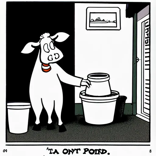 Image similar to a cow points at a bucket, illustrated by gary larson, far side comic, b & w