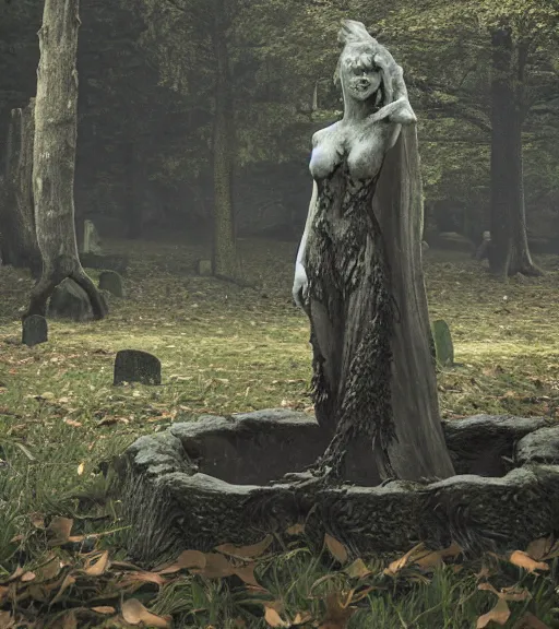 Image similar to weeping demon statue in graveyard surrounded by beautiful forest, vintage film photo, cgsociety, octane render, trending on artstation, artstationHD, artstationHQ, unreal engin