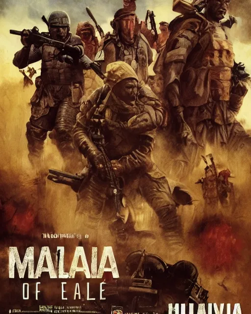 Image similar to Movie poster of the invasion of Mali, Highly Detailed, Dramatic, Heroes, A master piece of storytelling, wide angle, cinematic shot, Violent, highly detailed, cinematic lighting, by frank frazetta + ilya repin , 8k, hd, high resolution print