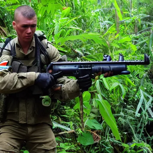 Image similar to elisha cutbert as a commando in a jungle battlefield