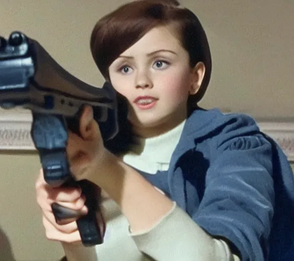 Image similar to marnie pointing a gun at the screen