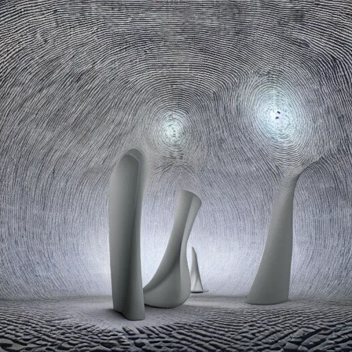 Image similar to an 8 k xray of a surrealism scene with 3 d galaxy sculptures and starry cairn tunnels melting into a 4 d perspective room by zaha hadid jr, the much more aesthetically pleasing offsprung artist of zaha hadid