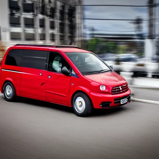 Prompt: a minivan made by ferrari, centered in frame, advertisement, motion blur, ad