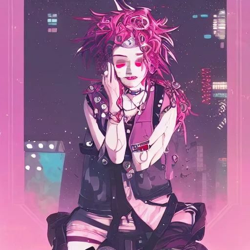 Image similar to very very high - angle, a grungy cyberpunk anime, very cute, by super ss, cyberpunk fashion, curly pink hair, night sky by wlop, james jean, victo ngai, highly detailed