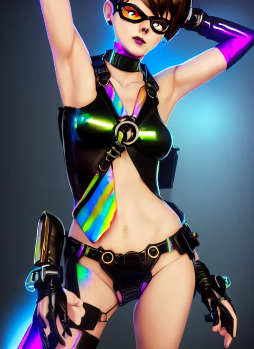Image similar to full body digital artwork of tracer overwatch, wearing black iridescent rainbow latex bikini, 4 k, expressive happy smug expression, makeup, in style of mark arian, wearing detailed black leather collar, wearing chains, black leather harness, leather cuffs around wrists, detailed face and eyes,