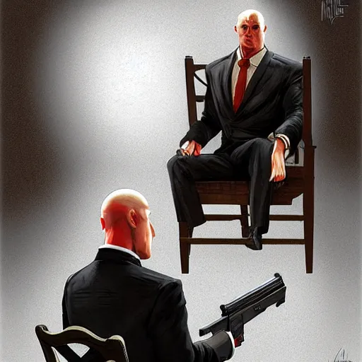 Prompt: agent 4 7 with a silenced pistol approaching a man in a chair, by marc simonetti