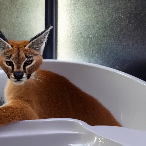 Image similar to cute caracal in bathtub, by Tristram James Ellis, Michelangelo