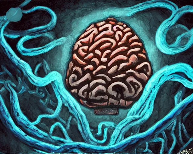 Prompt: large brain in a brick well, tentacles, dark cave room, blue bioluminescence, artwork by greg rukowtski