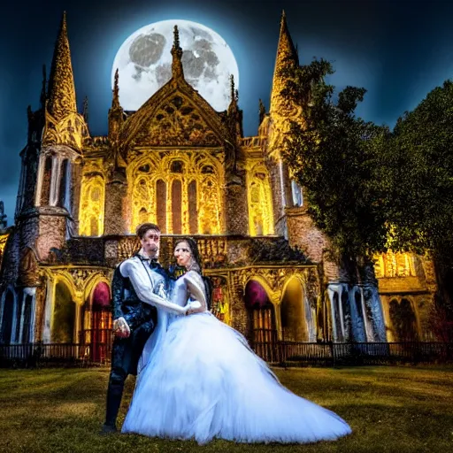 Image similar to a gothic wedding under a full blue moon, realistic, award - winning, 4 k, high resolution, hdr photograph