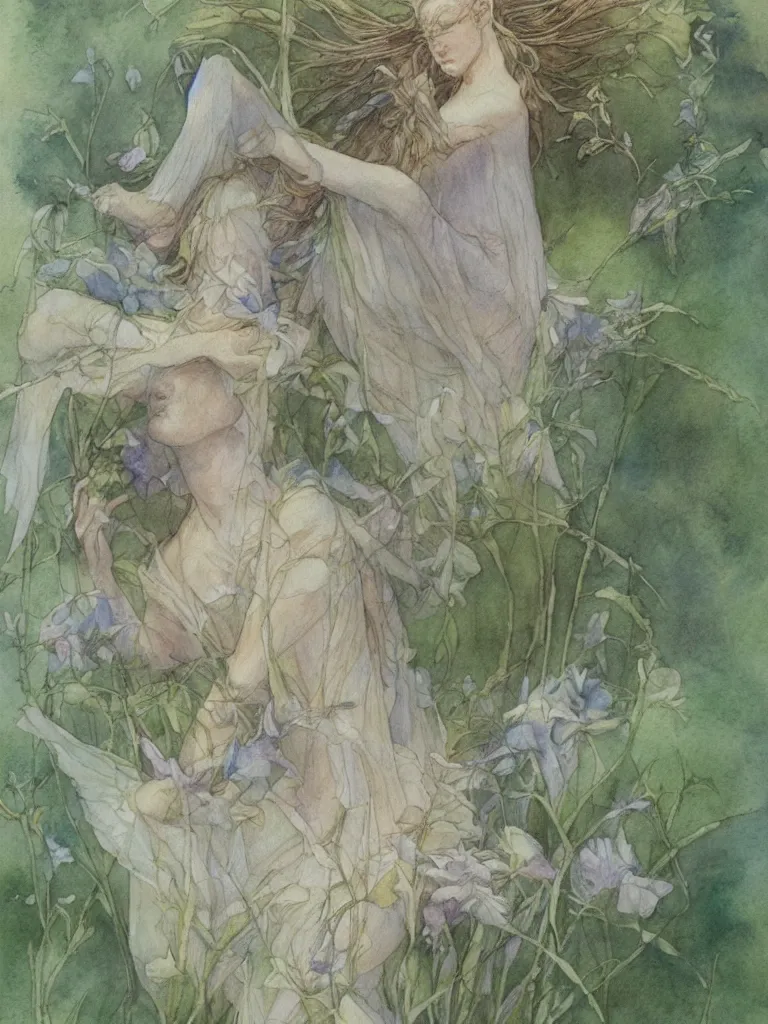 Image similar to study of a flower fairy, illustration, watercolor, alan lee, detailed, pretty, ethereal,