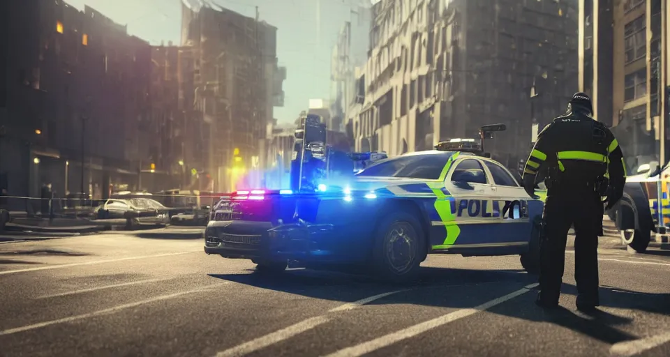 Image similar to octane render, unreal engine, man getting arrested by police, police car in background with bright police sirens, lens glare, dramatic lighting, cinematic, establishing shot, extremely high detail, photo - realistic, cinematic lighting