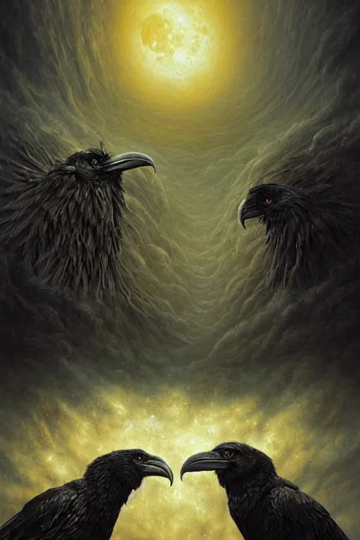 Prompt: Intricate stunning highly detailed surreal ravens by agostino arrivabene and Vladimir Kush, ultra realistic, Horror, dramatic lighting, full moon, blood moon, thick black swirling particle smoke tornado, fire embers, cgsociety
