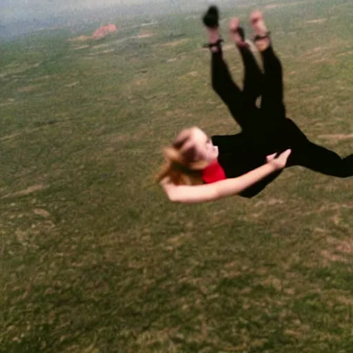 Prompt: photo, young woman, falling from plane, scared face, camera view from beneath the person