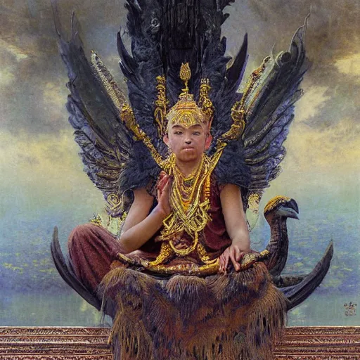 Prompt: highly detailed potrait of cunning buddhist monk kid worshipping giant crow as god praying in baroque style, painting by gaston bussiere, craig mullins, j. c. leyendecker, lights, art by ernst haeckel, john william godward, hammershøi,