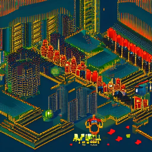 Prompt: axonomotetric view of a pixelart RPG vast Hong Kong at night very detailed citycape