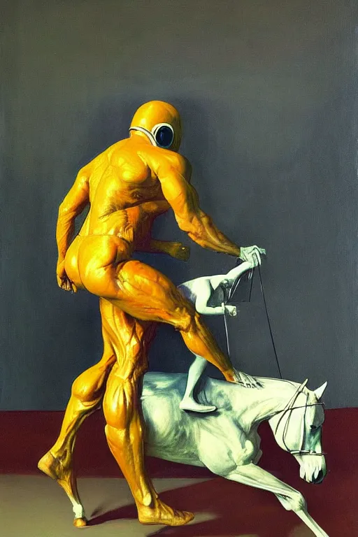 Image similar to astronaut bodybuilder carries a horse in his hands, hauntingly surreal, highly detailed painting by francis bacon, edward hopper, adrian ghenie, gerhard richter, and james jean soft light 4 k,