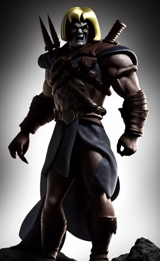 Prompt: Full body centered uncut character pose of mysterious-eerie-ominous He-Man with a dark manner, dark grey shadowy background, softly backlit, professional studio lighting, high detailed, atmospheric, cinematic, Epic, 4k, ultra-detailed, ultra-realistic, colored ZBrush render, artwork by Adam Paquette