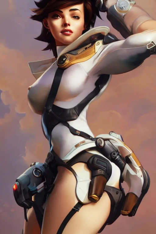 Prompt: pinup of tracer from overwatch, elegant, high detail, backlit, smooth, sharp focus, soft light, art by artgerm and greg rutkowski and alphonse mucha