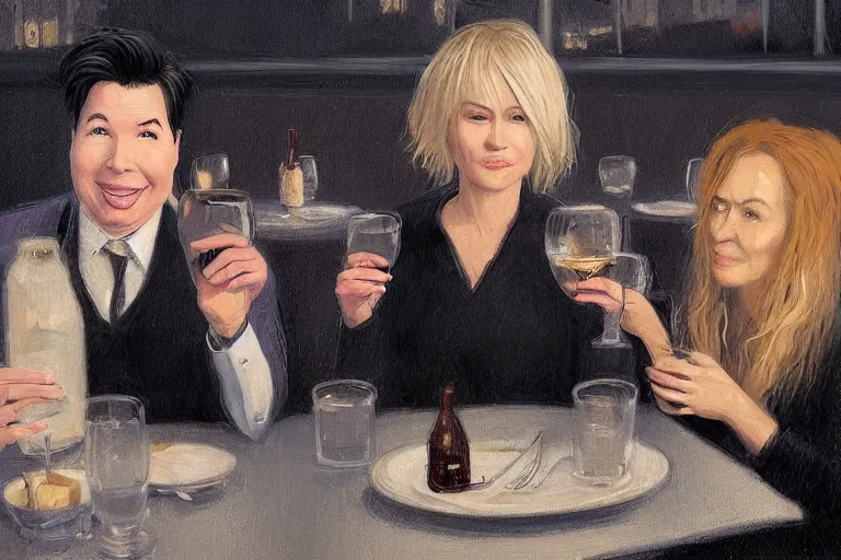 Image similar to portait of michael mcintyre and middle aged blonde woman with short hair and a blonde woman with long hair having dinner at sunday in brooklyn restaurant, greg rutkowski