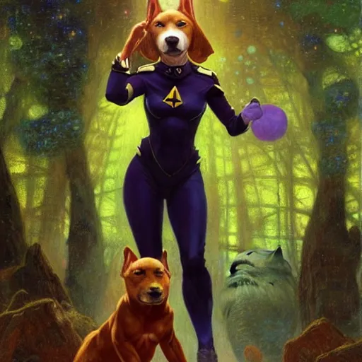 Prompt: a female pitbull dogwoman in starfleet uniform at night in a dark forest. zootopia fursona furaffinity furry art detailed face painting by gaston bussiere craig mullins jc leyendecker gustav klimt artgerm greg rutkowski furry