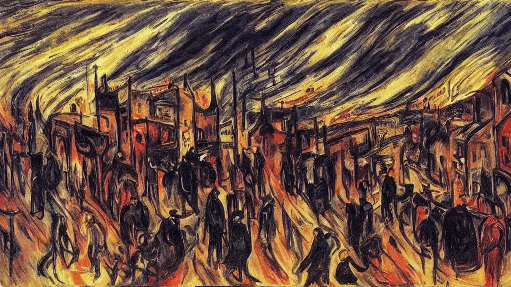 Image similar to the pain and chaos of a town being bombed on market sunday, painting by edvard munch