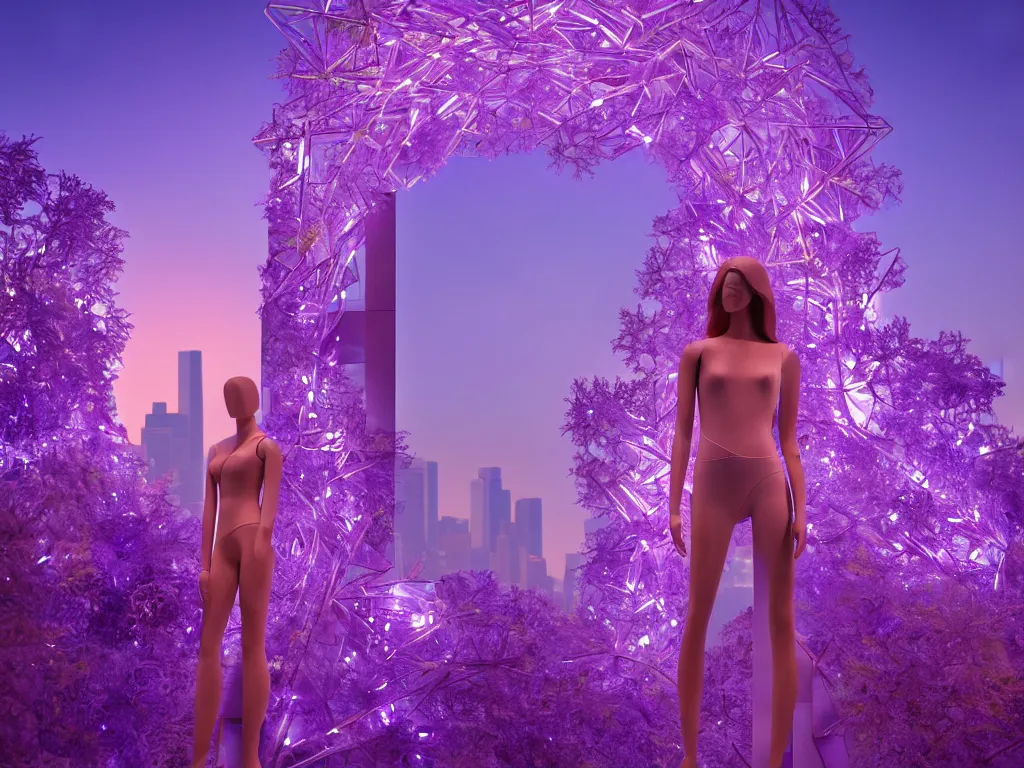 Image similar to beautiful mannequin sculpted out of amethyst by billelis + lit with 3 d geometric neon + facing a doorway opening with neon pink geometric fractal light + flowering hosta plants!!!, moon + city of los angeles in background!! dramatic, rule of thirds, award winning, 4 k, trending on artstation, photorealistic, volumetric lighting, octane render