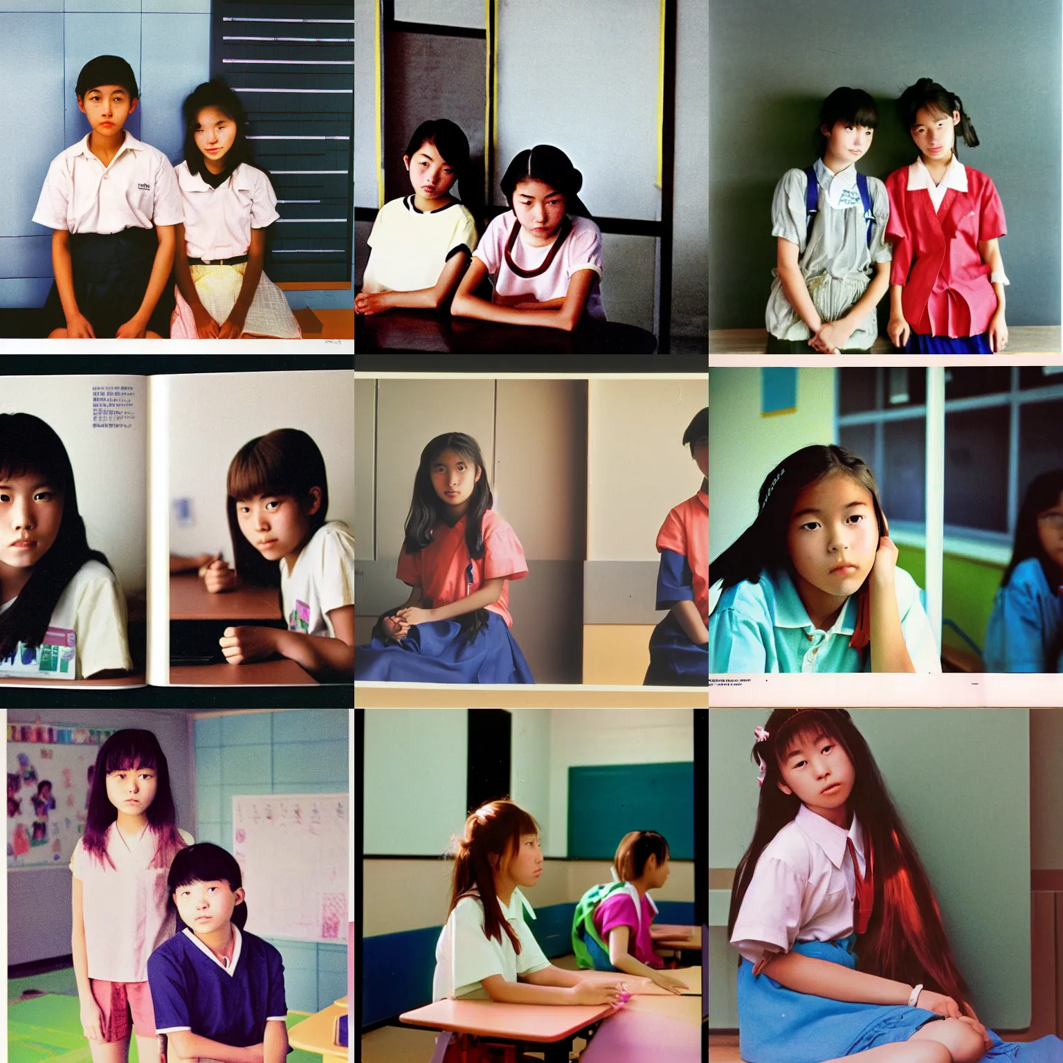 Prompt: A long-shot , color school photograph portrait of a teen girl in the class room, two students , summer, day lighting, 1990 photo from Japanese photograph Magazine.